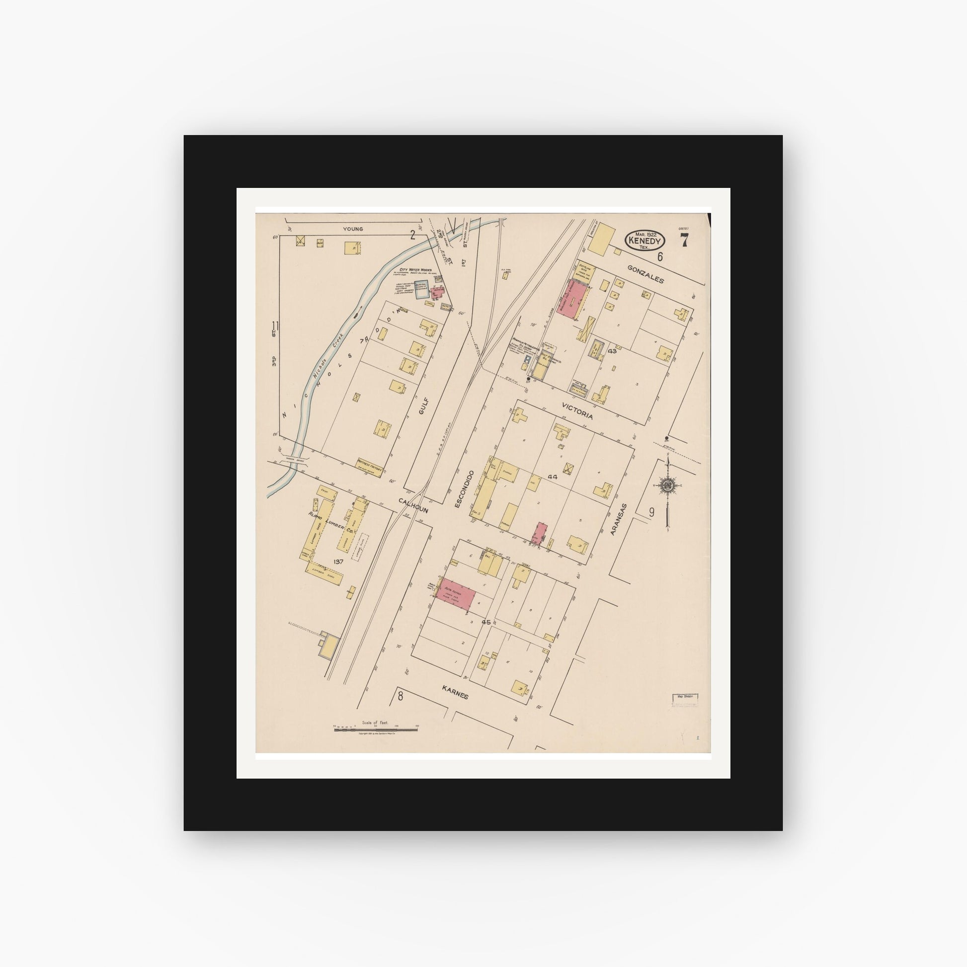 Old map wall art mockup — black gallery frame with white mat — Sanborn Fire Insurance Map from Kenedy, Karnes County, Texas (1922), Sheet #0007