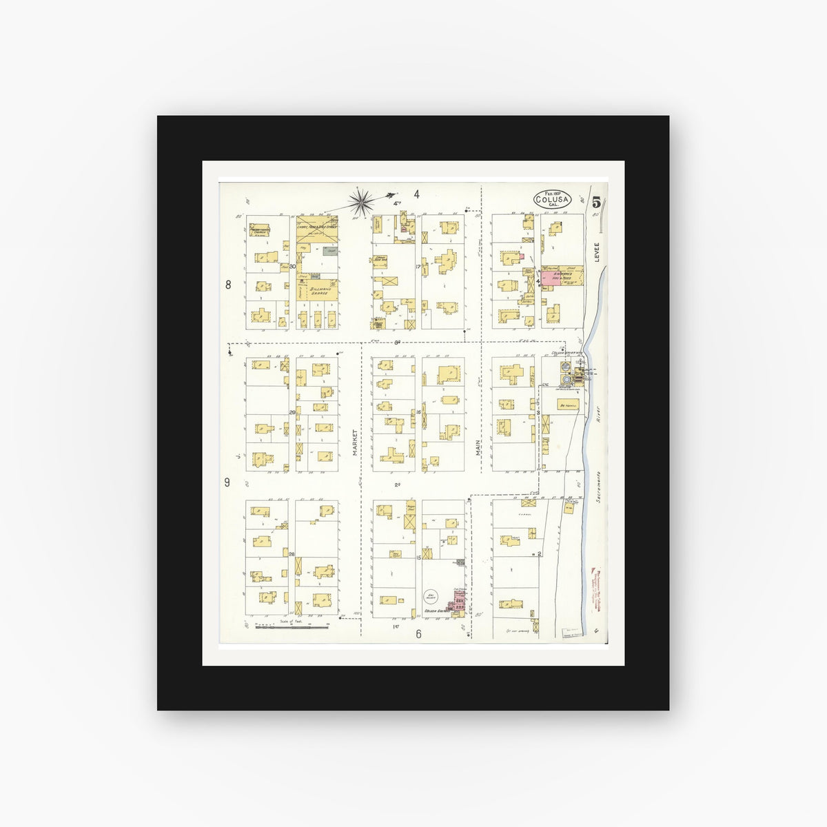 Old map wall art mockup — black gallery frame with white mat — Sanborn Fire Insurance Map from Colusa, Colusa County, California (1907), Sheet #0005
