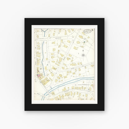 Old map wall art mockup — black gallery frame with white mat — Sanborn Fire Insurance Map from Nevada City, Nevada County, California (1898), Sheet #0005