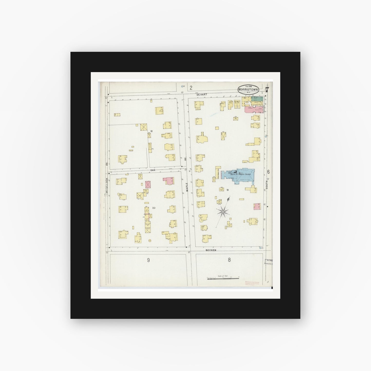 Old map wall art mockup — black gallery frame with white mat — Sanborn Fire Insurance Map from Morristown, Morris County, New Jersey (1896), Sheet #0007