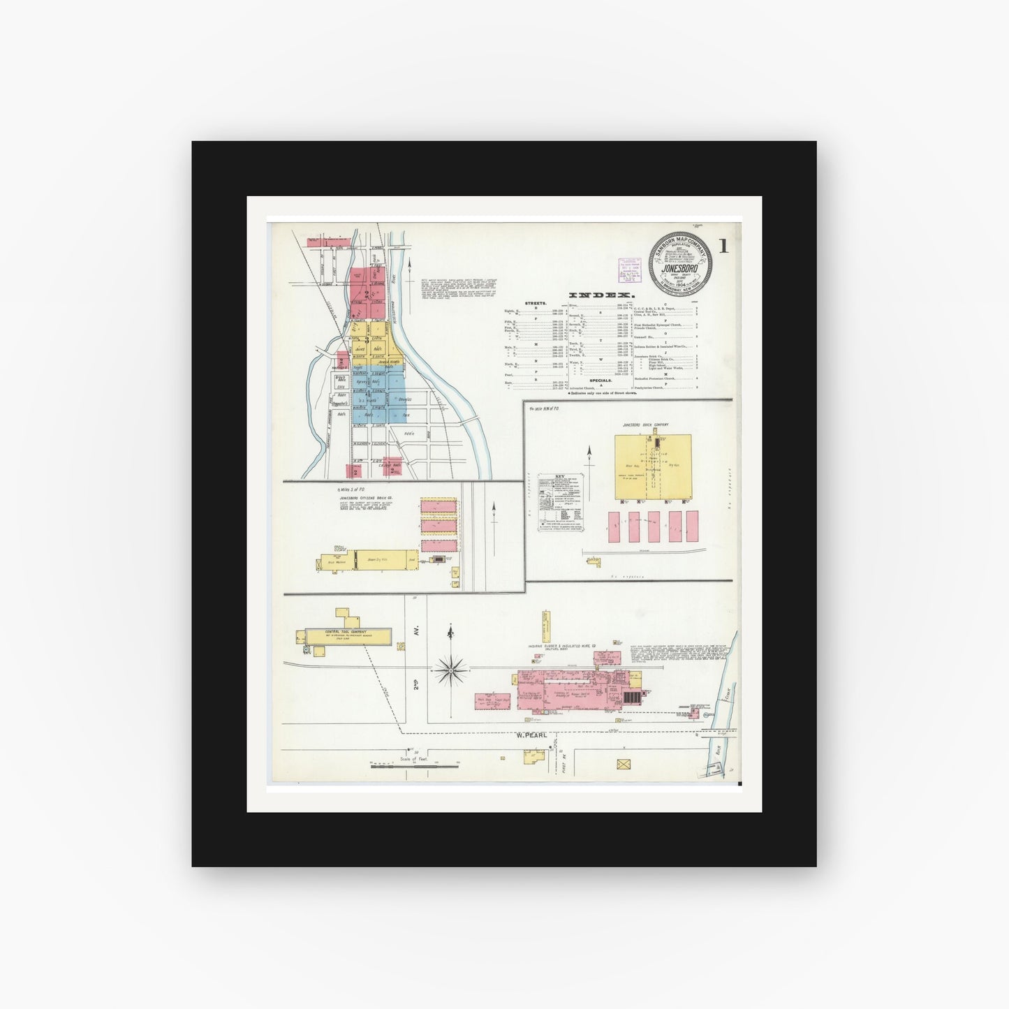 Old map wall art mockup — black gallery frame with white mat — Sanborn Fire Insurance Map from Jonesboro, Grant County, Indiana (1904) - Complete Map Set