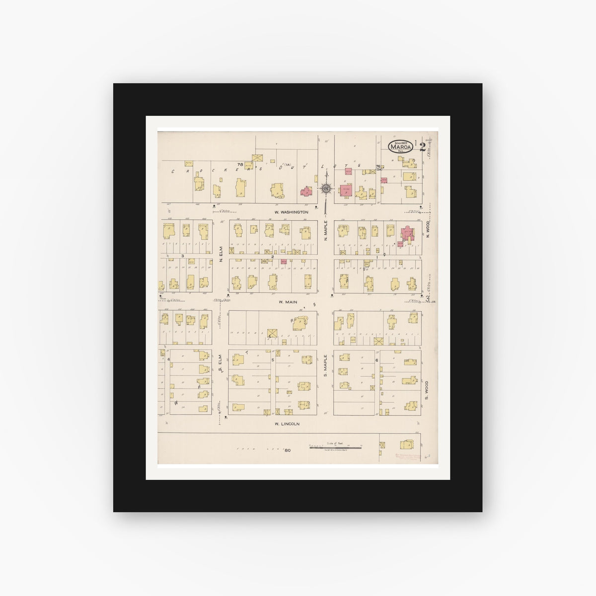 Old map wall art mockup — black gallery frame with white mat — Sanborn Fire Insurance Map from Maroa, Macon County, Illinois (1922), Sheet #0002