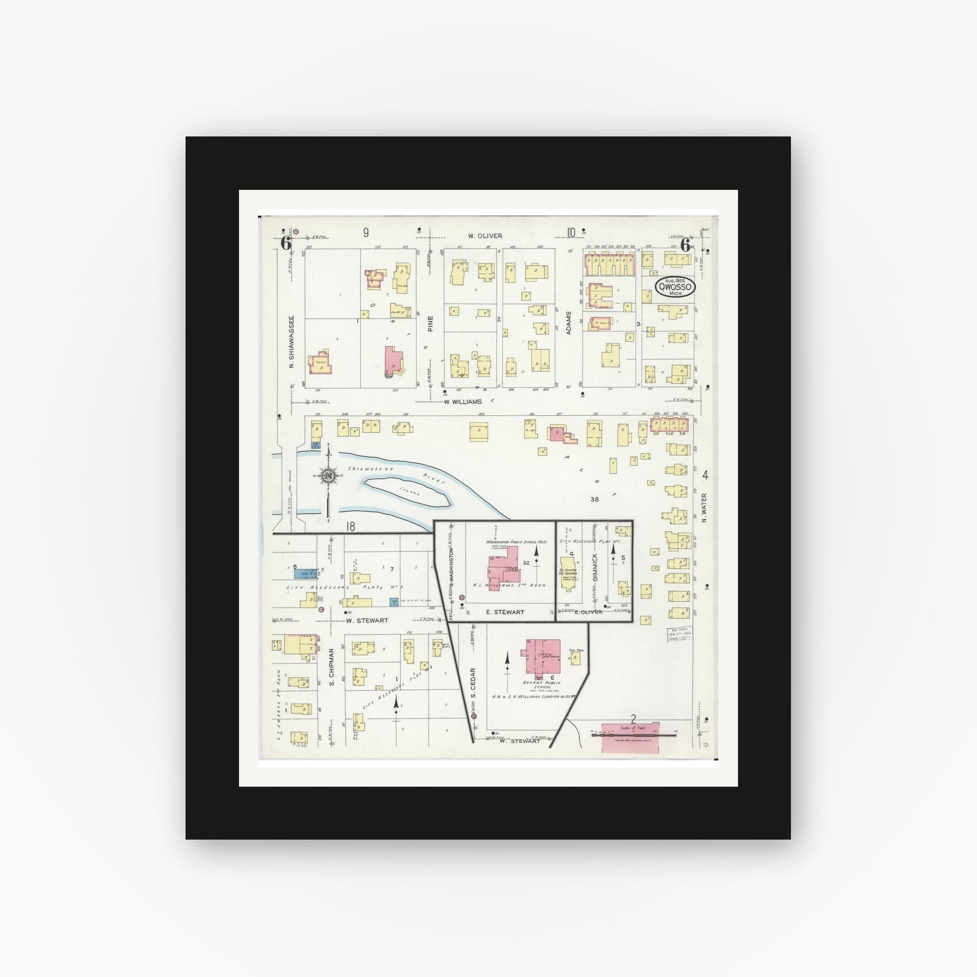 Old map wall art mockup — black gallery frame with white mat — Sanborn Fire Insurance Map from Owosso, Shiawassee County, Michigan (1924), Sheet #0006