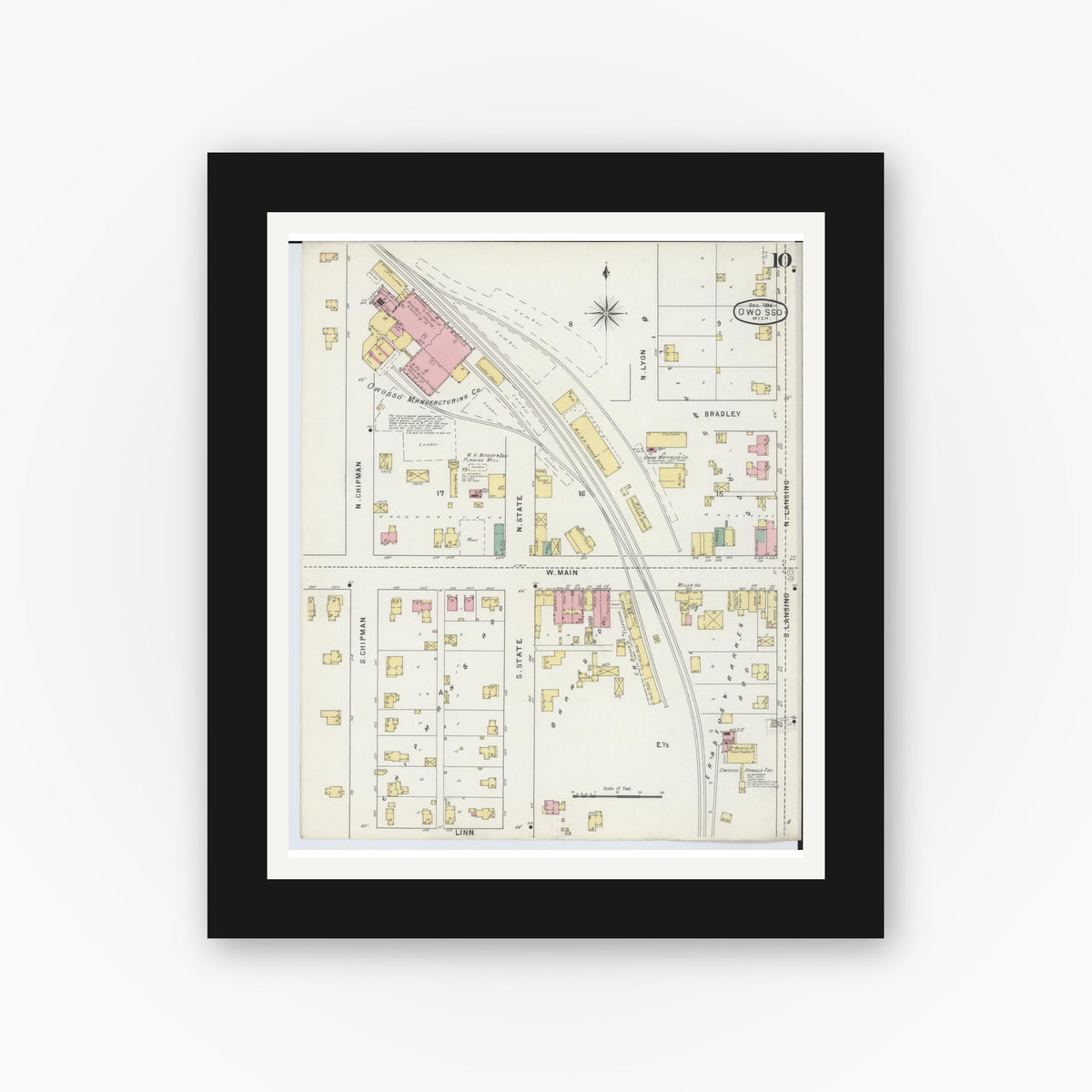 Old map wall art mockup — black gallery frame with white mat — Sanborn Fire Insurance Map from Owosso, Shiawassee County, Michigan (1894), Sheet #0010
