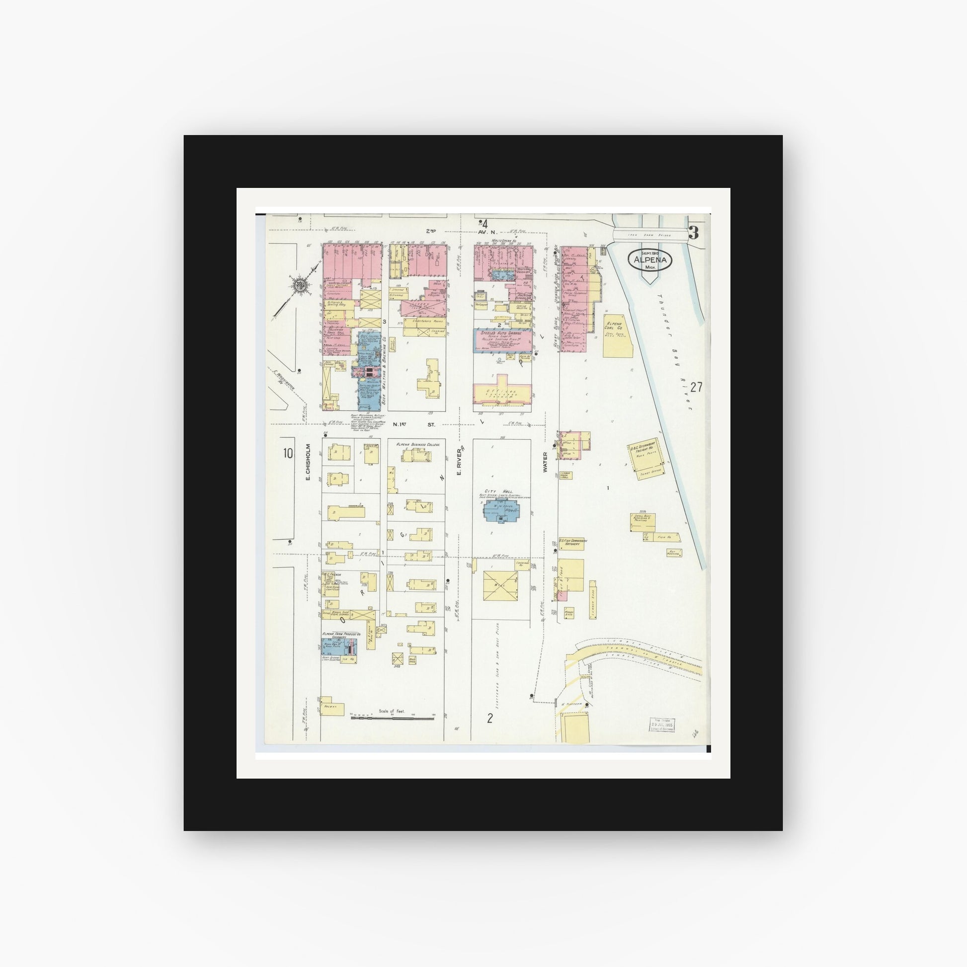 Old map wall art mockup — black gallery frame with white mat — Sanborn Fire Insurance Map from Alpena, Alpena County, Michigan (1910), Sheet #0003