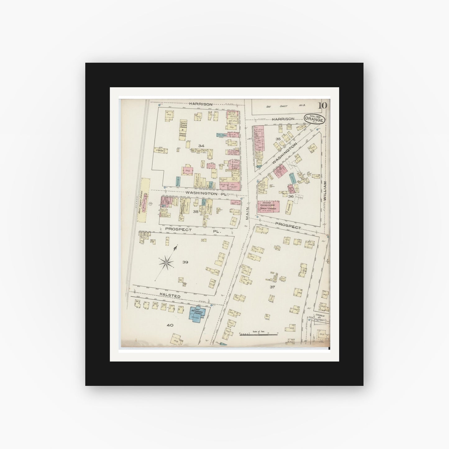 Old map wall art mockup — black gallery frame with white mat — Sanborn Fire Insurance Map from Orange, Essex County, New Jersey (1885), Sheet #0010