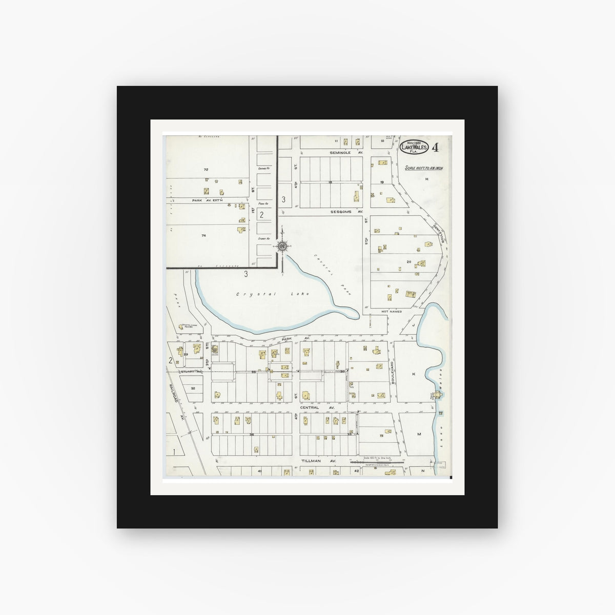 Old map wall art mockup — black gallery frame with white mat — Sanborn Fire Insurance Map from Lake Wales, Polk County, Florida (1920), Sheet #0004