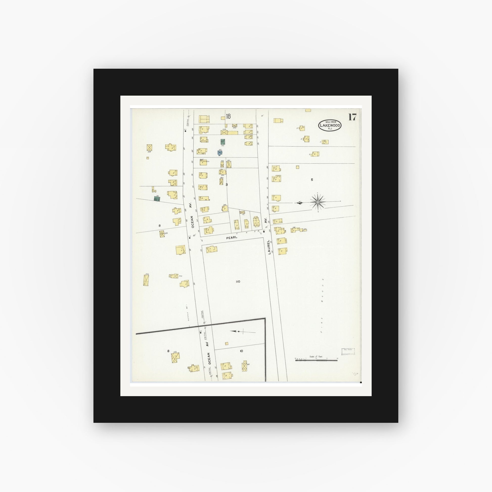 Old map wall art mockup — black gallery frame with white mat — Sanborn Fire Insurance Map from Lakewood, Ocean County, New Jersey (1909), Sheet #0017