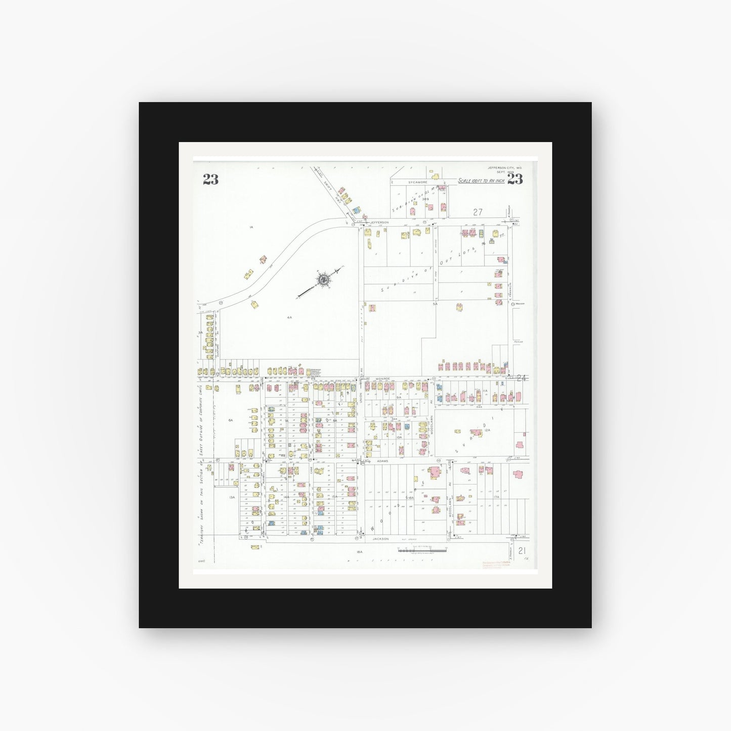 Old map wall art mockup — black gallery frame with white mat — Sanborn Fire Insurance Map from Jefferson City, Cole County, Missouri (1939), Sheet #0023