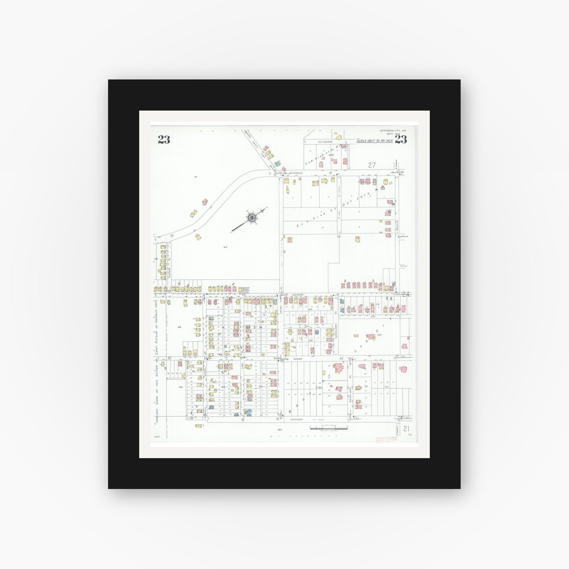 Old map wall art mockup — black gallery frame with white mat — Sanborn Fire Insurance Map from Jefferson City, Cole County, Missouri (1939), Sheet #0023