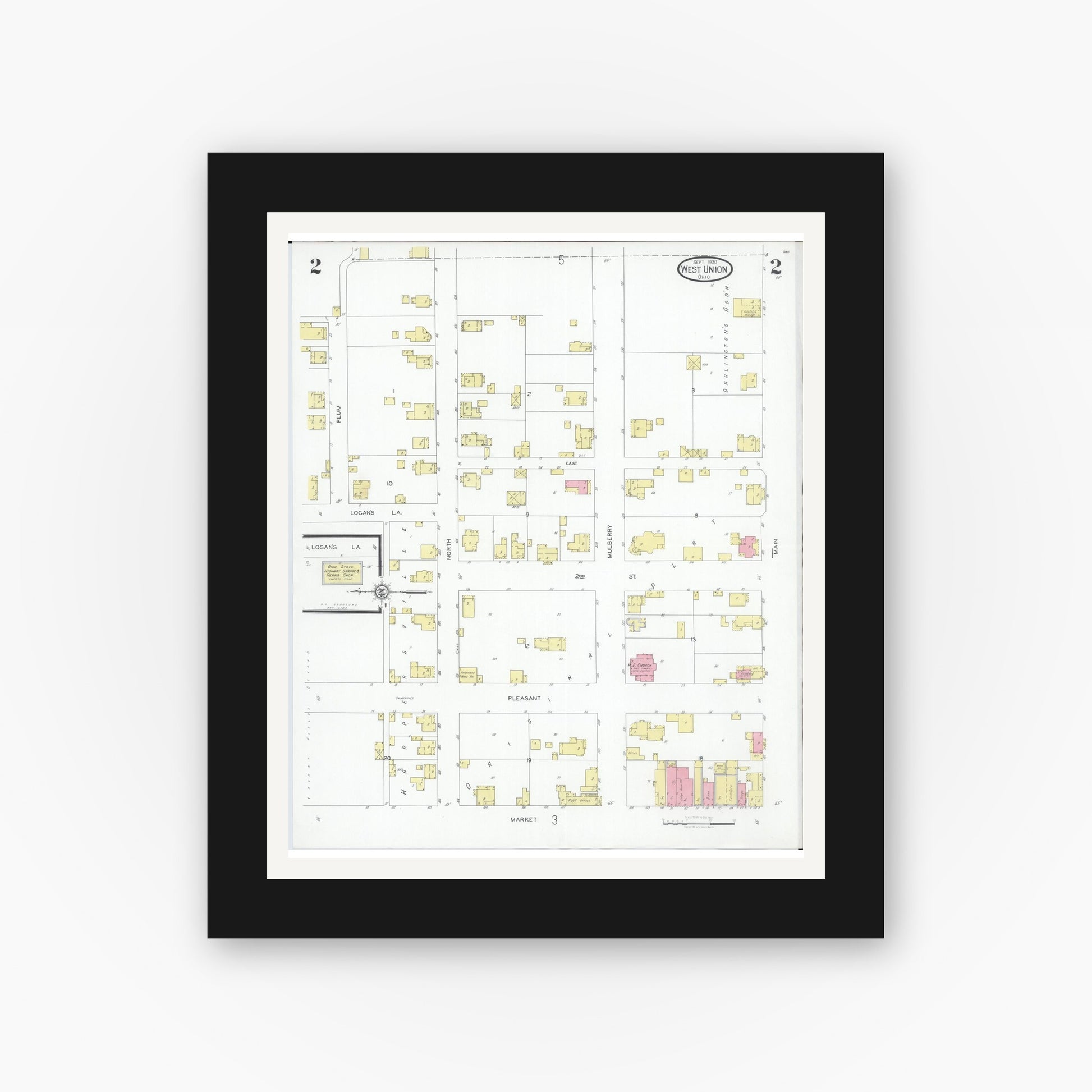 Old map wall art mockup — black gallery frame with white mat — Sanborn Fire Insurance Map from West Union, Adams County, Ohio (1930), Sheet #0002