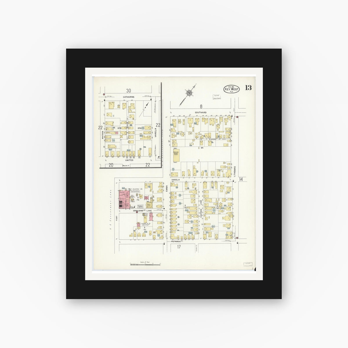 Old map wall art mockup — black gallery frame with white mat — Sanborn Fire Insurance Map from Key West, Monroe County, Florida (1912), Sheet #0013
