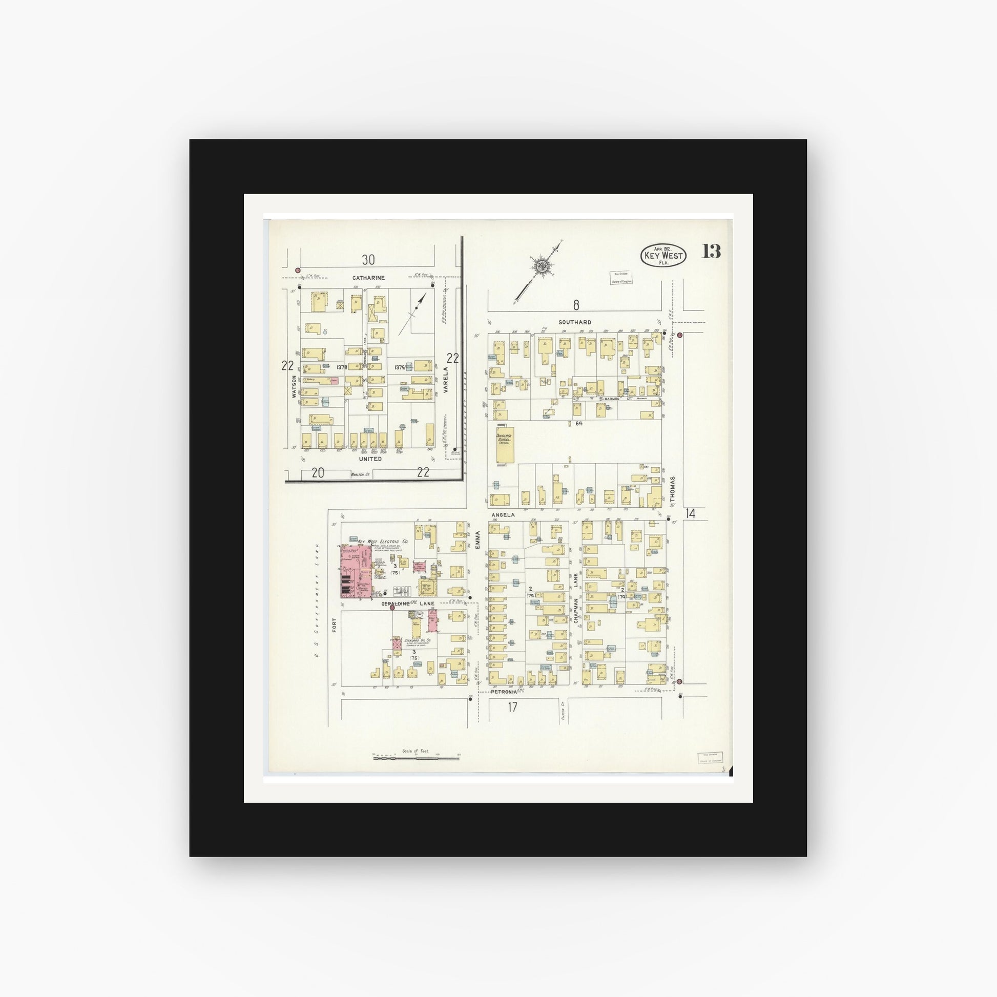 Old map wall art mockup — black gallery frame with white mat — Sanborn Fire Insurance Map from Key West, Monroe County, Florida (1912), Sheet #0013