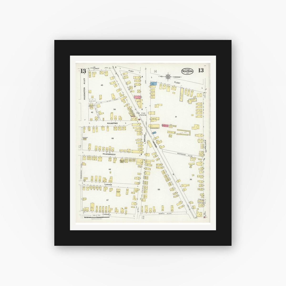 Old map wall art mockup — black gallery frame with white mat — Sanborn Fire Insurance Map from New Bern, Craven County, North Carolina (1924), Sheet #0013