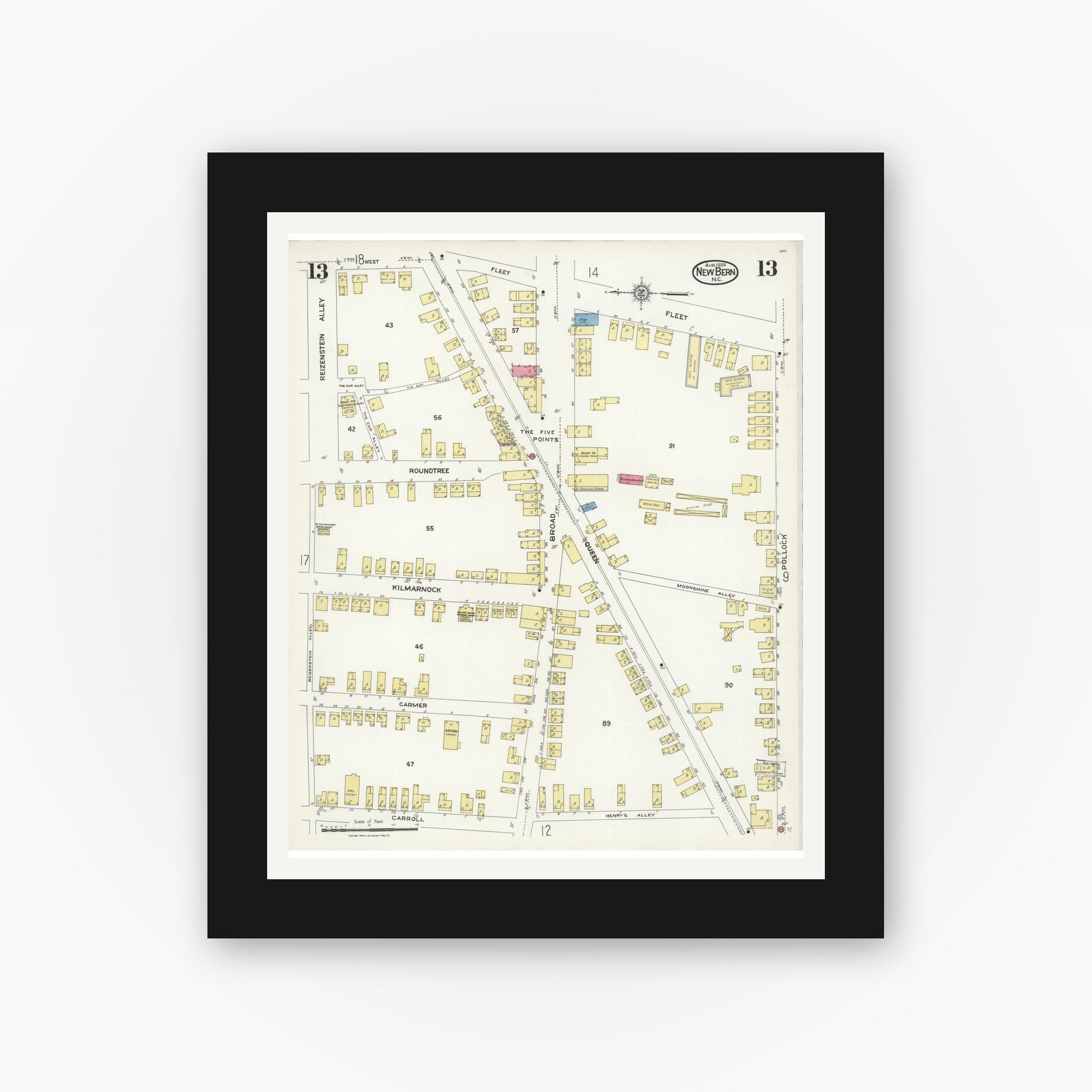 Old map wall art mockup — black gallery frame with white mat — Sanborn Fire Insurance Map from New Bern, Craven County, North Carolina (1924), Sheet #0013
