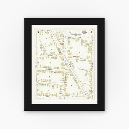 Old map wall art mockup — black gallery frame with white mat — Sanborn Fire Insurance Map from New Bern, Craven County, North Carolina (1924), Sheet #0013