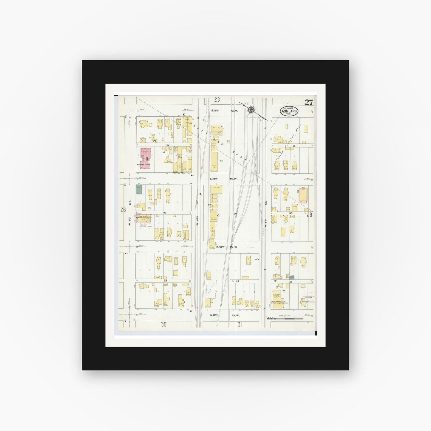 Old map wall art mockup — black gallery frame with white mat — Sanborn Fire Insurance Map from Ashland, Ashland County, Wisconsin (1909), Sheet #0027