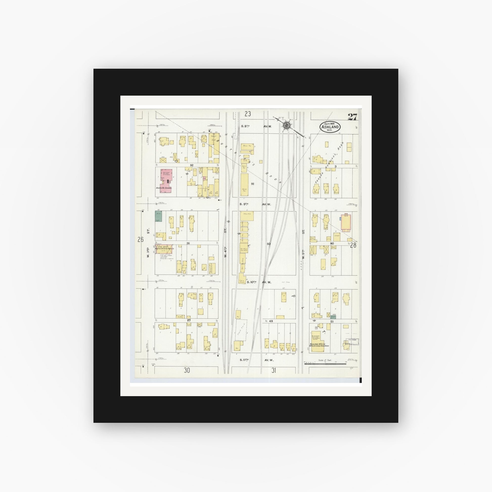 Old map wall art mockup — black gallery frame with white mat — Sanborn Fire Insurance Map from Ashland, Ashland County, Wisconsin (1909), Sheet #0027