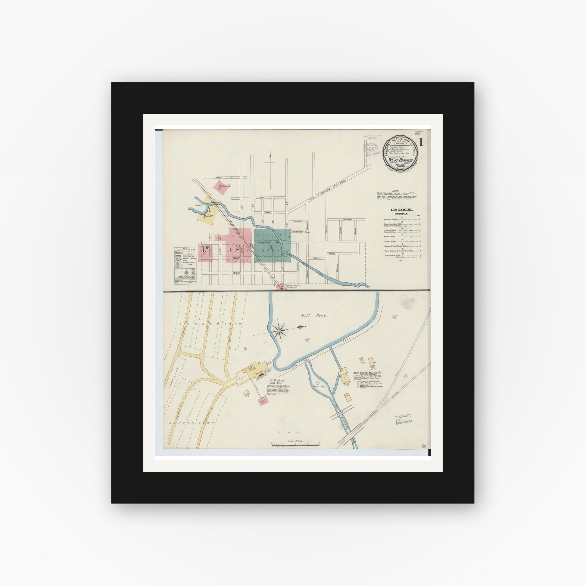 Old map wall art mockup — black gallery frame with white mat — Sanborn Fire Insurance Map from West Branch, Ogemaw County, Michigan (1893), Sheet #0001