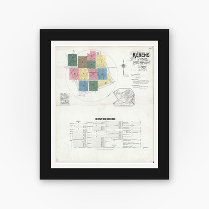 Old map wall art mockup — black gallery frame with white mat — Sanborn Fire Insurance Map from Kerens, Navarro County, Texas (1921) - Complete Map Set