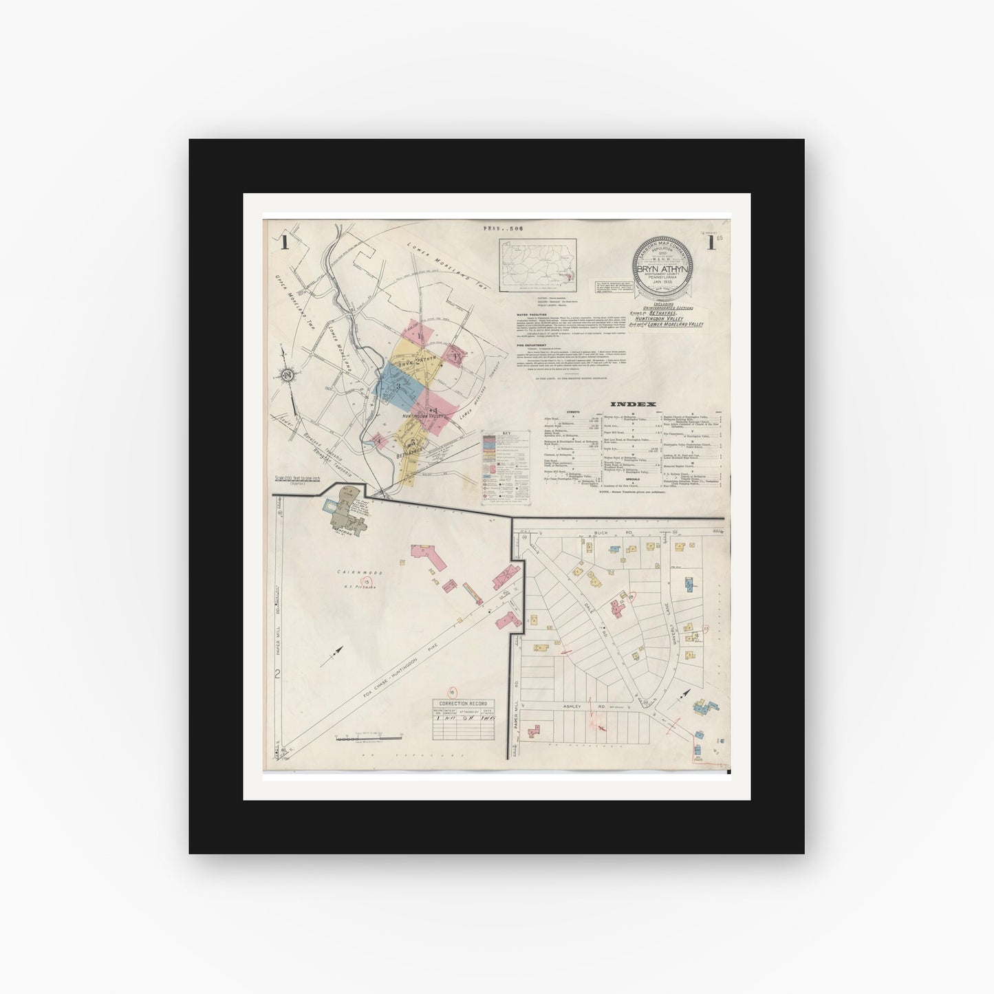 Old map wall art mockup — black gallery frame with white mat — Sanborn Fire Insurance Map from Bryn Athyn, Montgomery County, Pennsylvania (1941), Sheet #0001