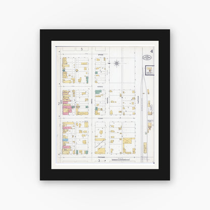Old map wall art mockup — black gallery frame with white mat — Sanborn Fire Insurance Map from Luverne, Rock County, Minnesota (1900), Sheet #0004