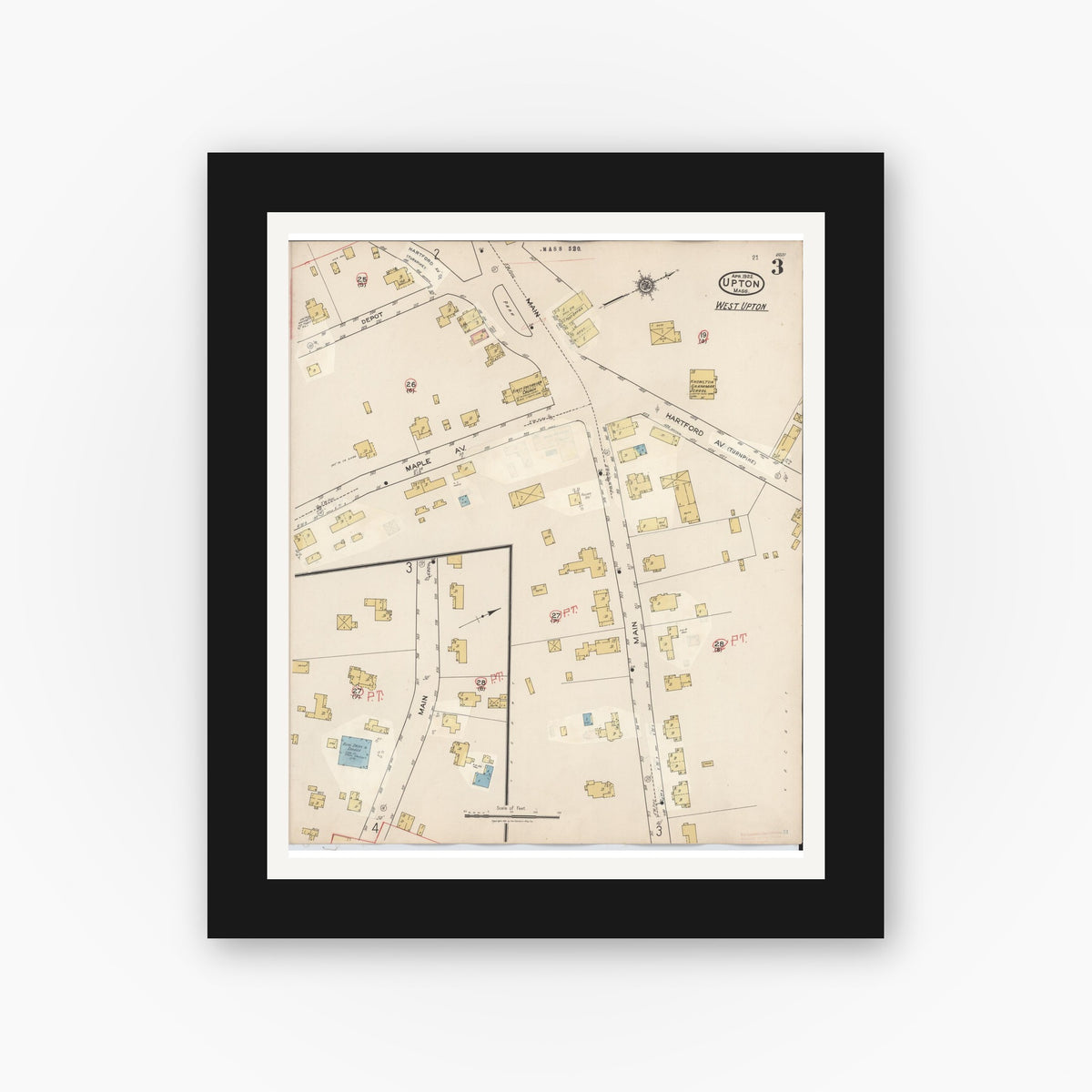 Old map wall art mockup — black gallery frame with white mat — Sanborn Fire Insurance Map from Upton, Worcester County, Massachusetts (1945), Sheet #0003