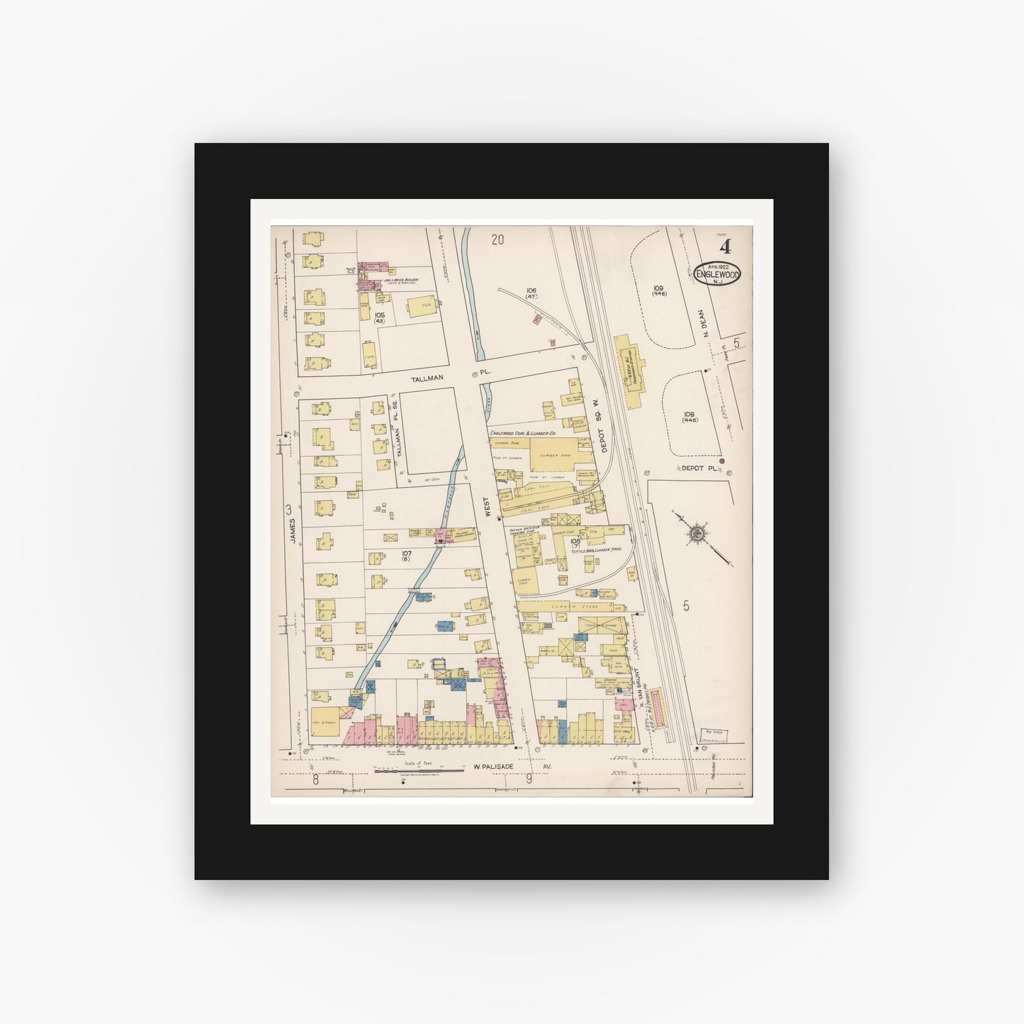 Old map wall art mockup — black gallery frame with white mat — Sanborn Fire Insurance Map from Englewood, Bergen County, New Jersey (1922), Sheet #0004