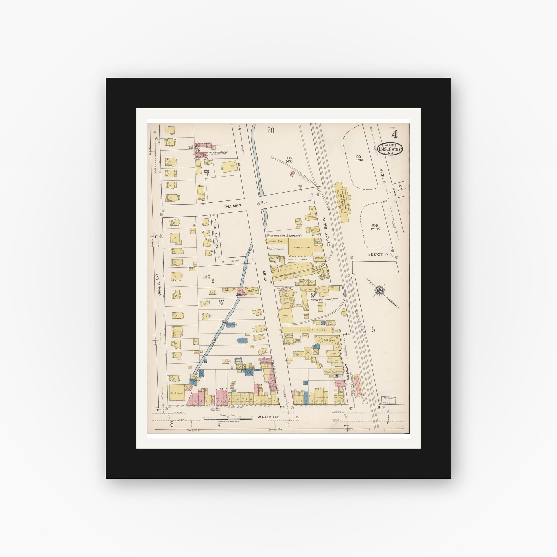 Old map wall art mockup — black gallery frame with white mat — Sanborn Fire Insurance Map from Englewood, Bergen County, New Jersey (1922), Sheet #0004