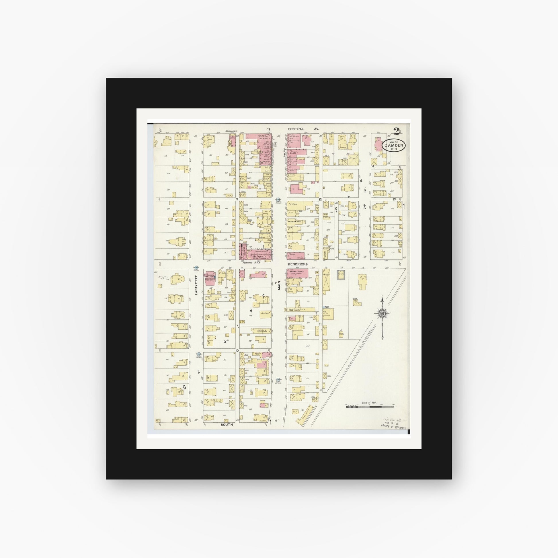 Old map wall art mockup — black gallery frame with white mat — Sanborn Fire Insurance Map from Camden, Preble County, Ohio (1911), Sheet #0002