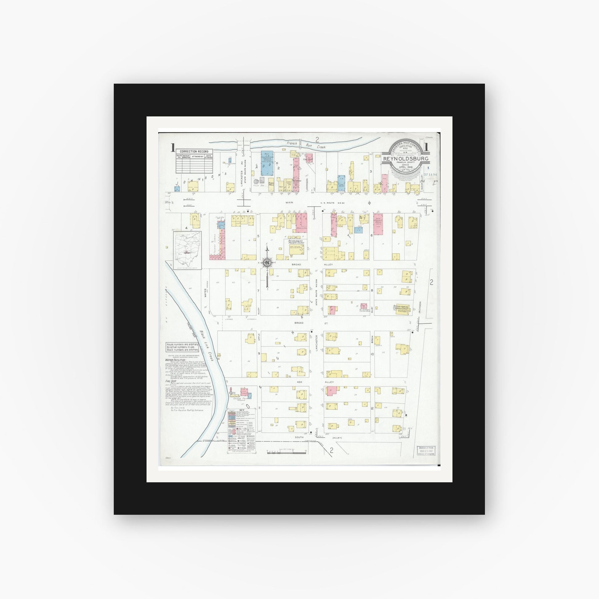 Old map wall art mockup — black gallery frame with white mat — Sanborn Fire Insurance Map from Reynoldsburg, Franklin County, Ohio (1946), Sheet #0001