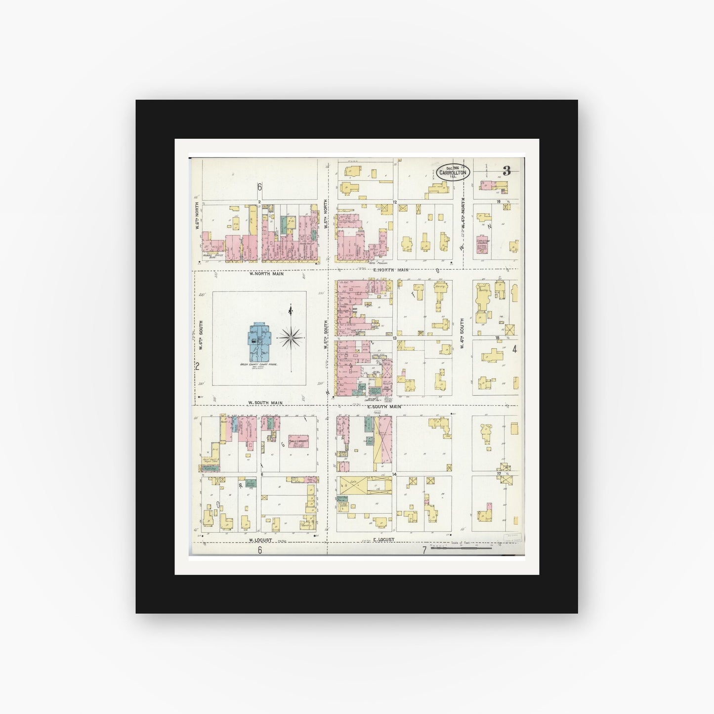Old map wall art mockup — black gallery frame with white mat — Sanborn Fire Insurance Map from Carrollton, Greene County, Illinois (1906), Sheet #0003