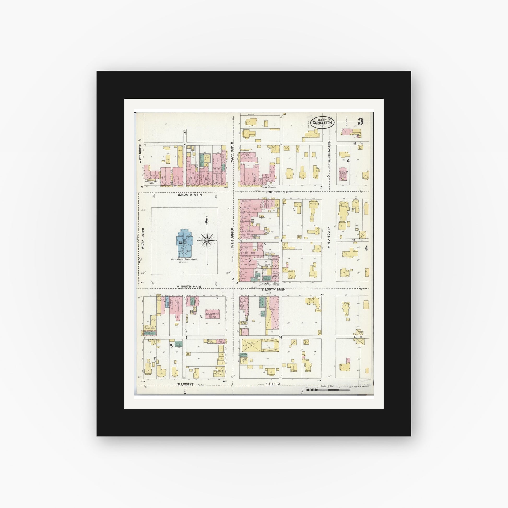 Old map wall art mockup — black gallery frame with white mat — Sanborn Fire Insurance Map from Carrollton, Greene County, Illinois (1906), Sheet #0003