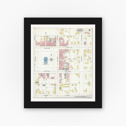 Old map wall art mockup — black gallery frame with white mat — Sanborn Fire Insurance Map from Carrollton, Greene County, Illinois (1906), Sheet #0003