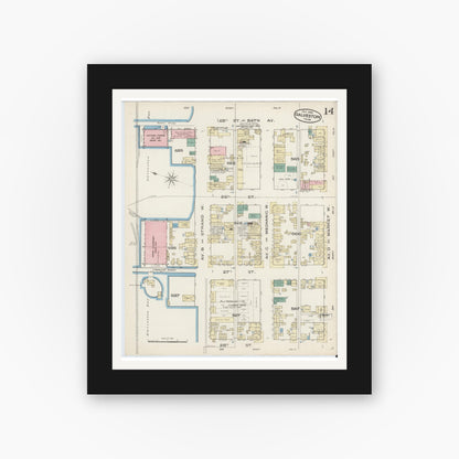 Old map wall art mockup — black gallery frame with white mat — Sanborn Fire Insurance Map from Galveston, Galveston County, Texas (1885), Sheet #0014