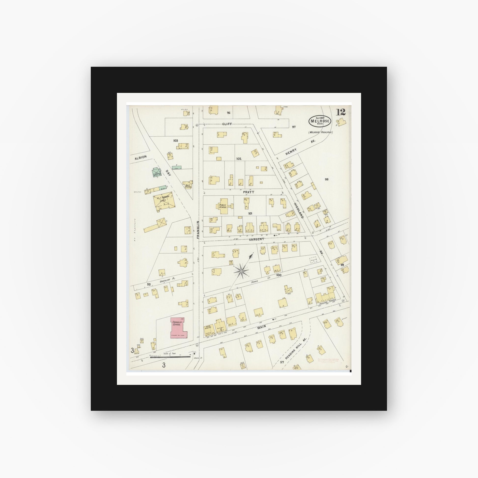 Old map wall art mockup — black gallery frame with white mat — Sanborn Fire Insurance Map from Melrose, Middlesex County, Massachusetts (1897), Sheet #0012