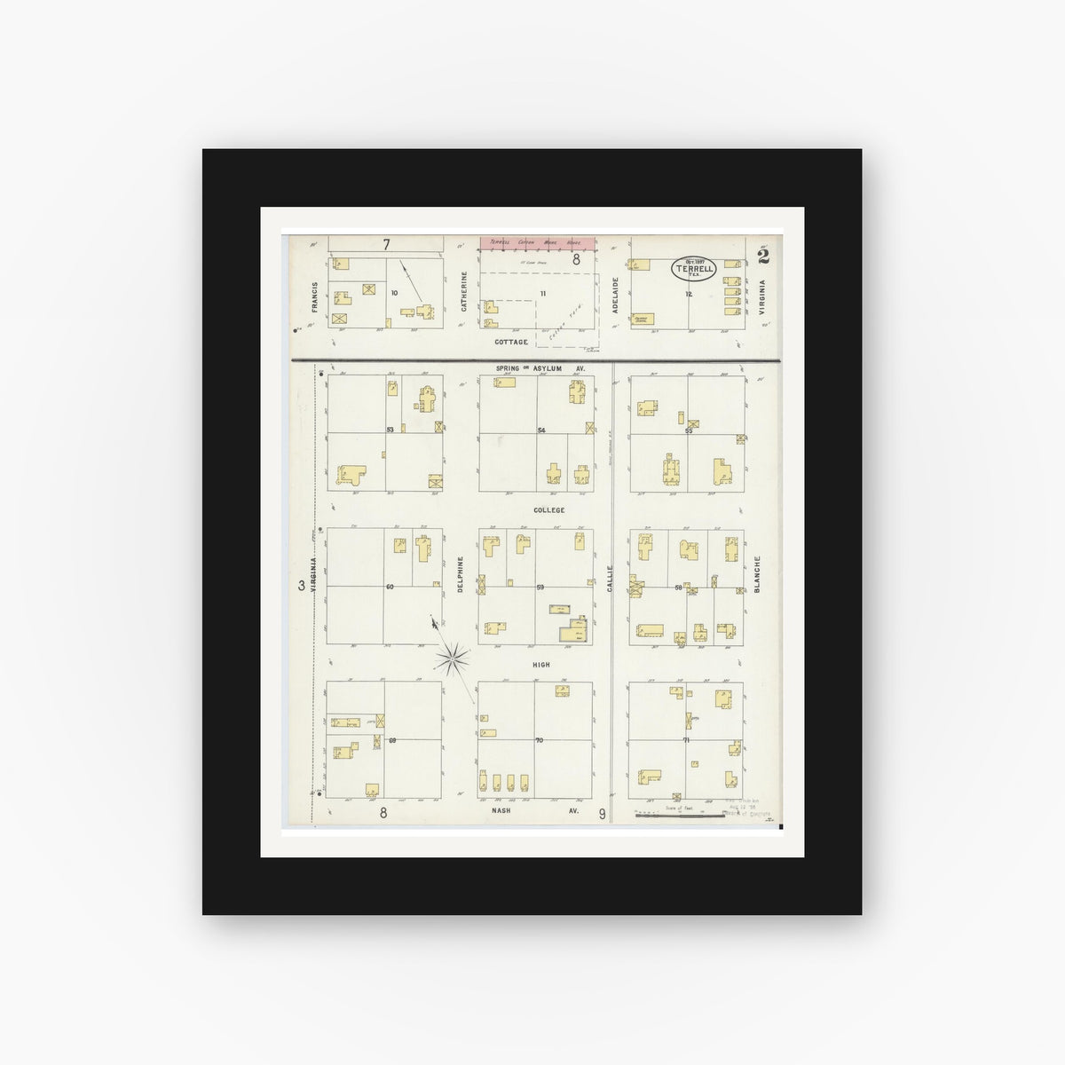 Old map wall art mockup — black gallery frame with white mat — Sanborn Fire Insurance Map from Terrell, Kaufman County, Texas (1897), Sheet #0002