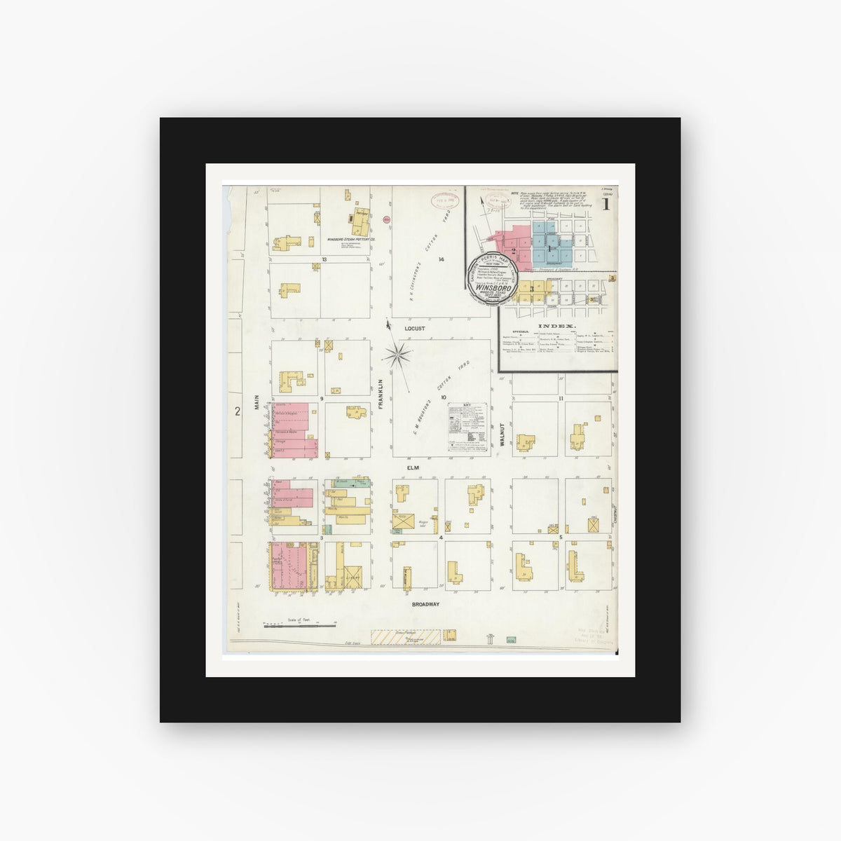 Old map wall art mockup — black gallery frame with white mat — Sanborn Fire Insurance Map from Winnsboro, Wood County, Texas (1899), Sheet #0001