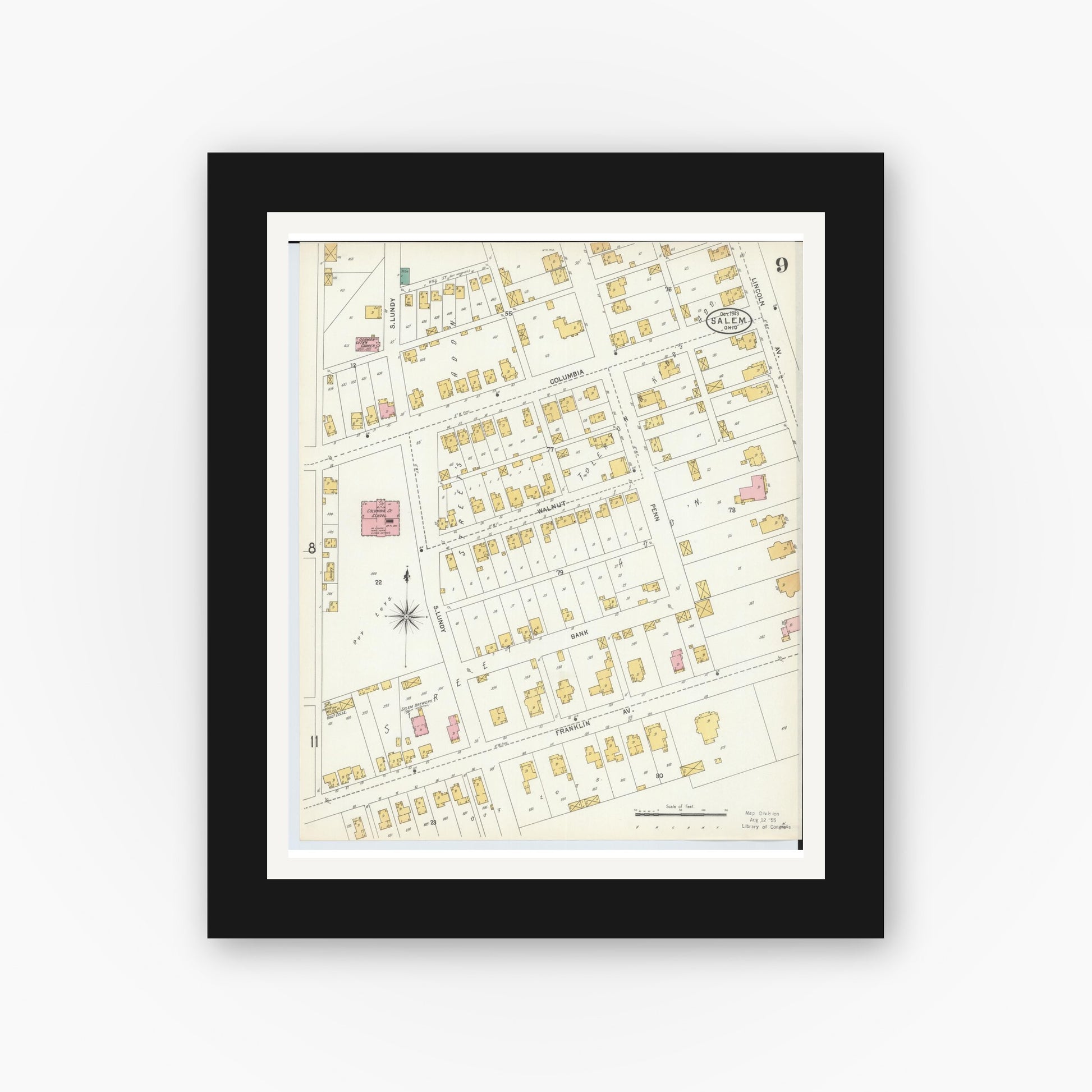 Old map wall art mockup — black gallery frame with white mat — Sanborn Fire Insurance Map from Salem, Columbiana County, Ohio (1903), Sheet #0009