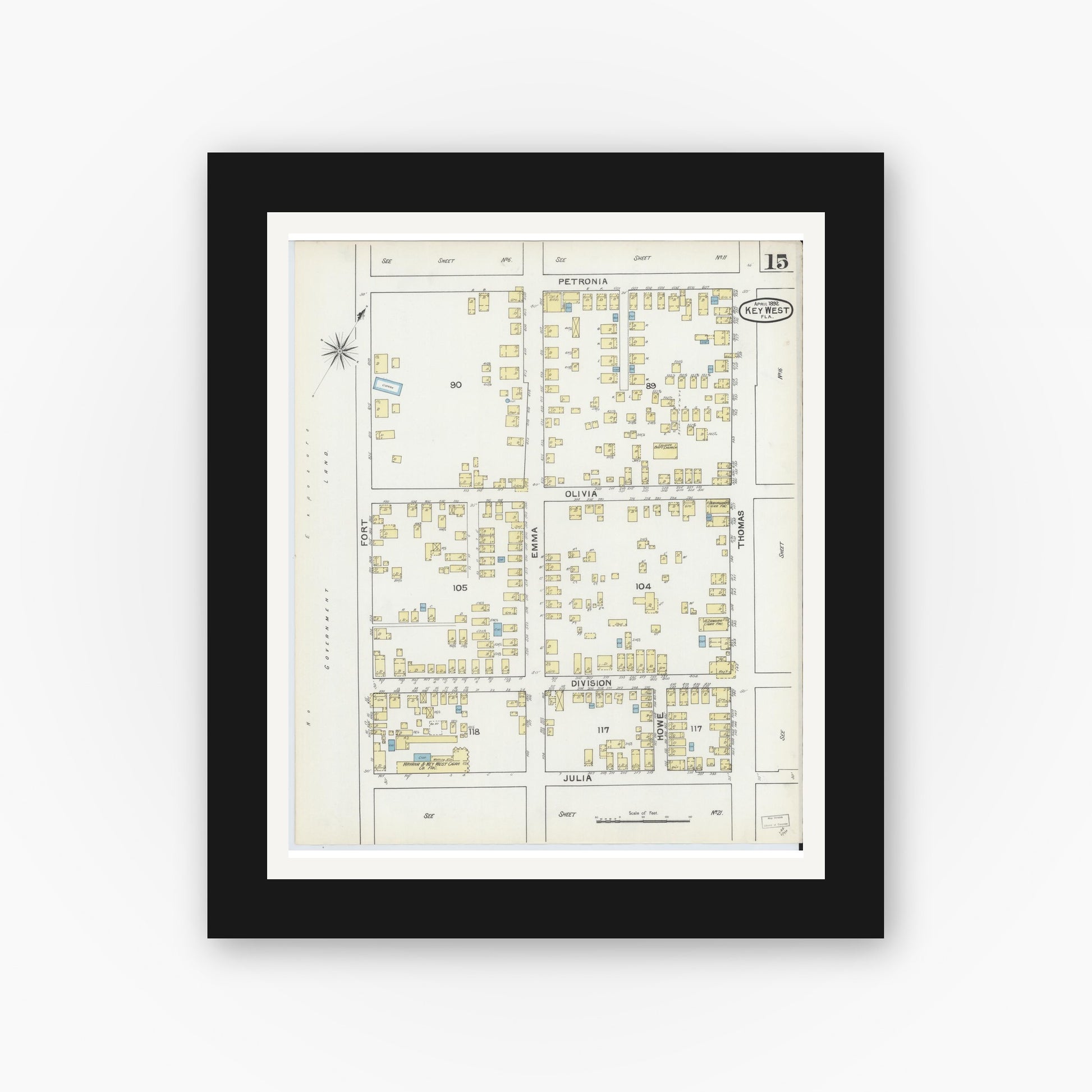 Old map wall art mockup — black gallery frame with white mat — Sanborn Fire Insurance Map from Key West, Monroe County, Florida (1892), Sheet #0015