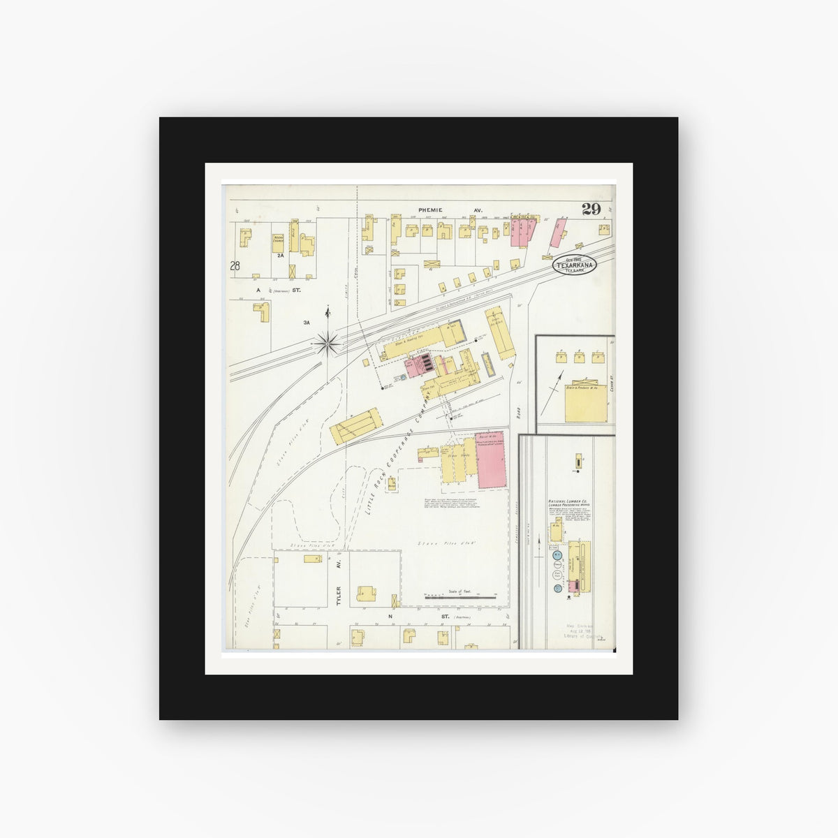 Old map wall art mockup — black gallery frame with white mat — Sanborn Fire Insurance Map from Texarkana, Bowie County, Texas (1905), Sheet #0029