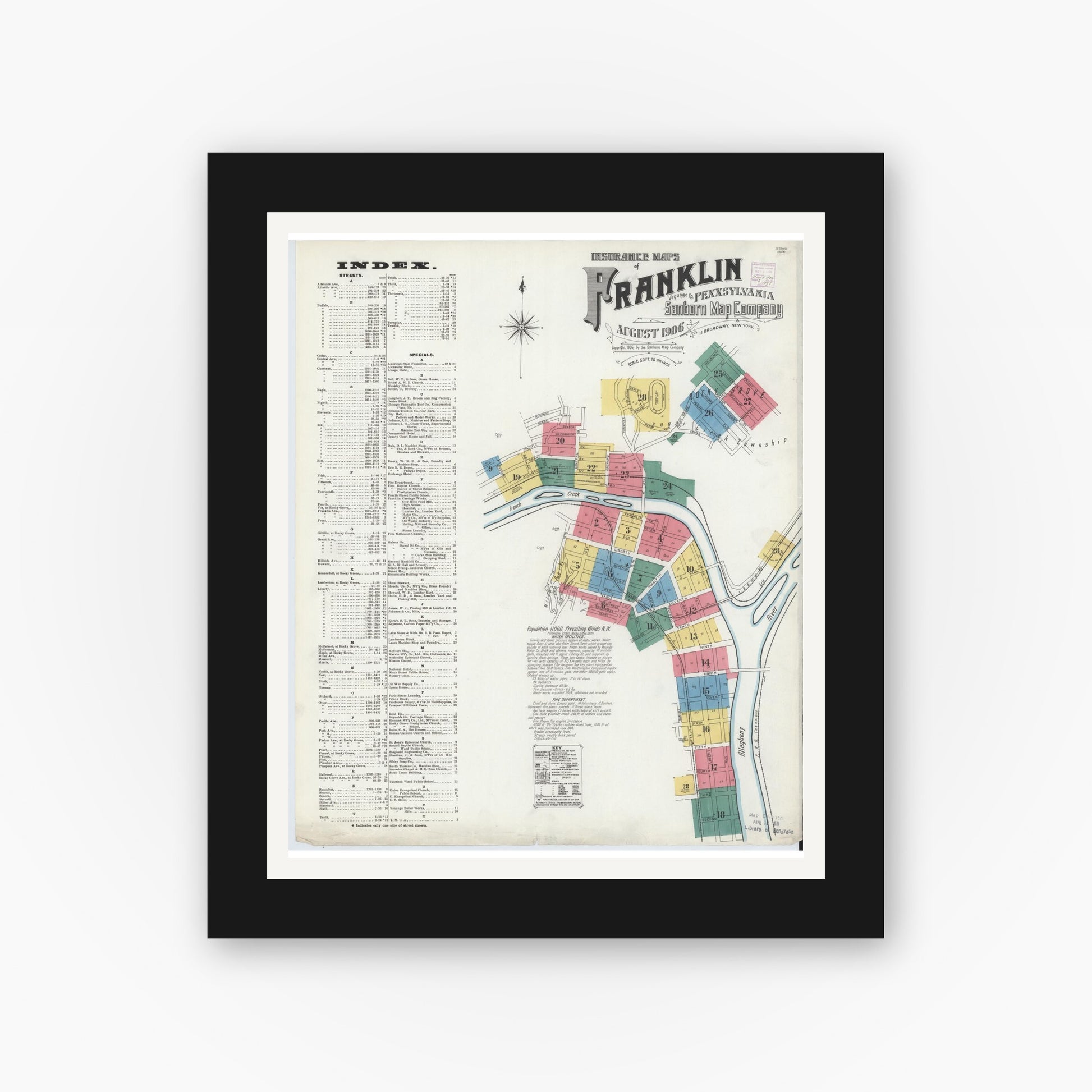 Old map wall art mockup — black gallery frame with white mat — Sanborn Fire Insurance Map from Franklin, Venango County, Pennsylvania (1906) - Complete Map Set