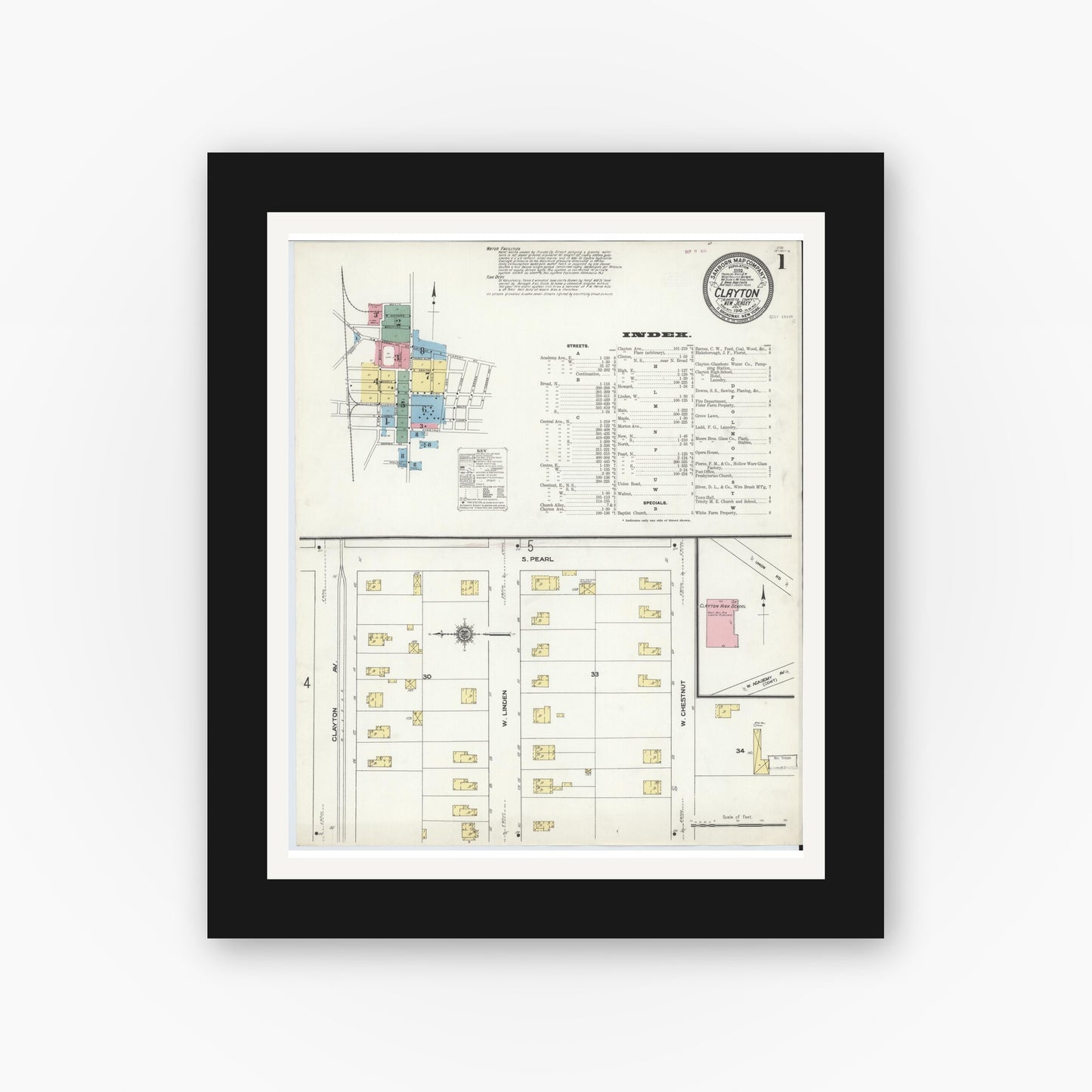 Old map wall art mockup — black gallery frame with white mat — Sanborn Fire Insurance Map from Clayton, Gloucester County, New Jersey (1910) - Complete Map Set