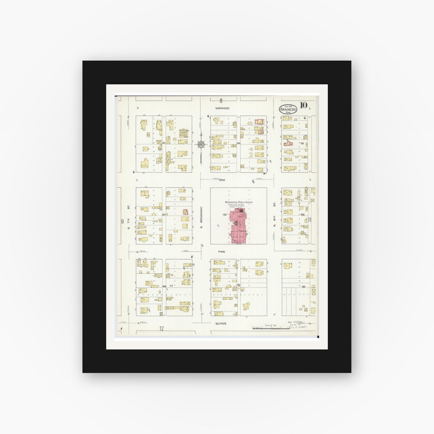 Old map wall art mockup — black gallery frame with white mat — Sanborn Fire Insurance Map from Brainerd, Crow Wing County, Minnesota (1913), Sheet #0010
