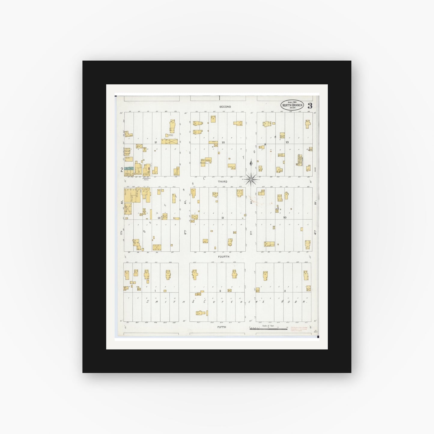 Old map wall art mockup — black gallery frame with white mat — Sanborn Fire Insurance Map from North Branch, Chisago County, Minnesota (1904), Sheet #0003