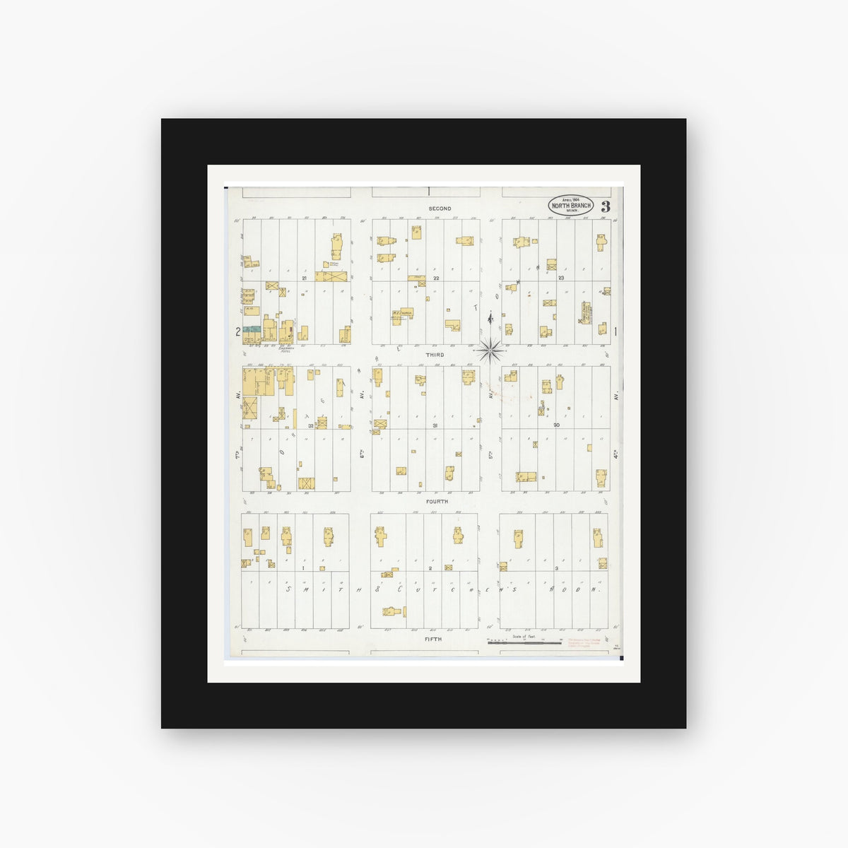 Old map wall art mockup — black gallery frame with white mat — Sanborn Fire Insurance Map from North Branch, Chisago County, Minnesota (1904), Sheet #0003
