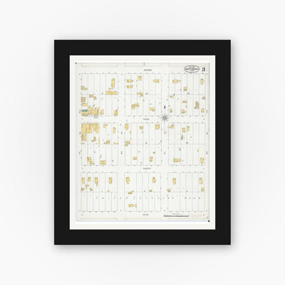 Old map wall art mockup — black gallery frame with white mat — Sanborn Fire Insurance Map from North Branch, Chisago County, Minnesota (1904), Sheet #0003