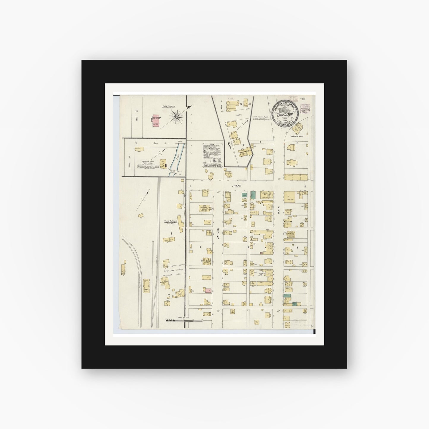Old map wall art mockup — black gallery frame with white mat — Sanborn Fire Insurance Map from Bowerston, Harrison County, Ohio (1907), Sheet #0001