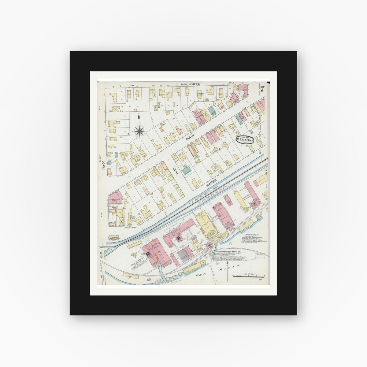 Old map wall art mockup — black gallery frame with white mat — Sanborn Fire Insurance Map from Menasha, Winnebago County, Wisconsin (1891), Sheet #0007