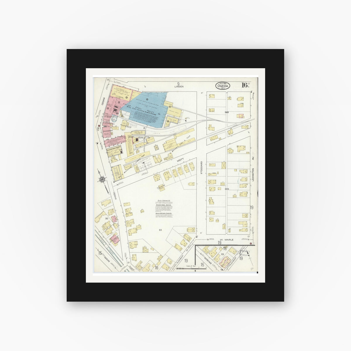 Old map wall art mockup — black gallery frame with white mat — Sanborn Fire Insurance Map from Oneida, Madison County, New York (1914), Sheet #0016